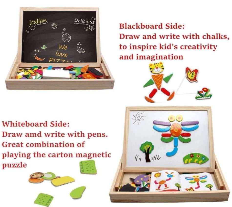 Cartoon Number Puzzle Magnetic Whiteboard & Chalkboard Set In a Wooden Box