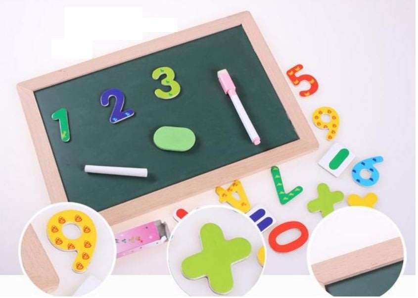 Cartoon Number Puzzle Magnetic Whiteboard & Chalkboard Set In a Wooden Box