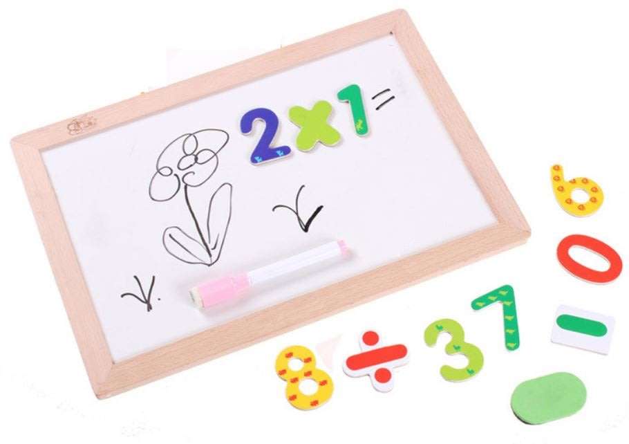 Cartoon Number Puzzle Magnetic Whiteboard & Chalkboard Set In a Wooden Box