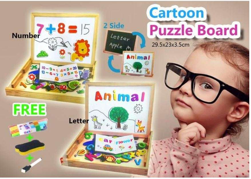 Cartoon Number Puzzle Magnetic Whiteboard & Chalkboard Set In a Wooden Box