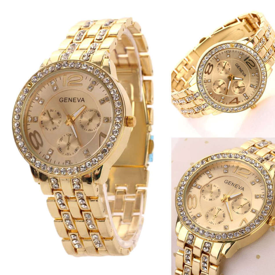 Elegant Ladies Geneva Crystal Quartz Wrist Watch in Gold or Silver
