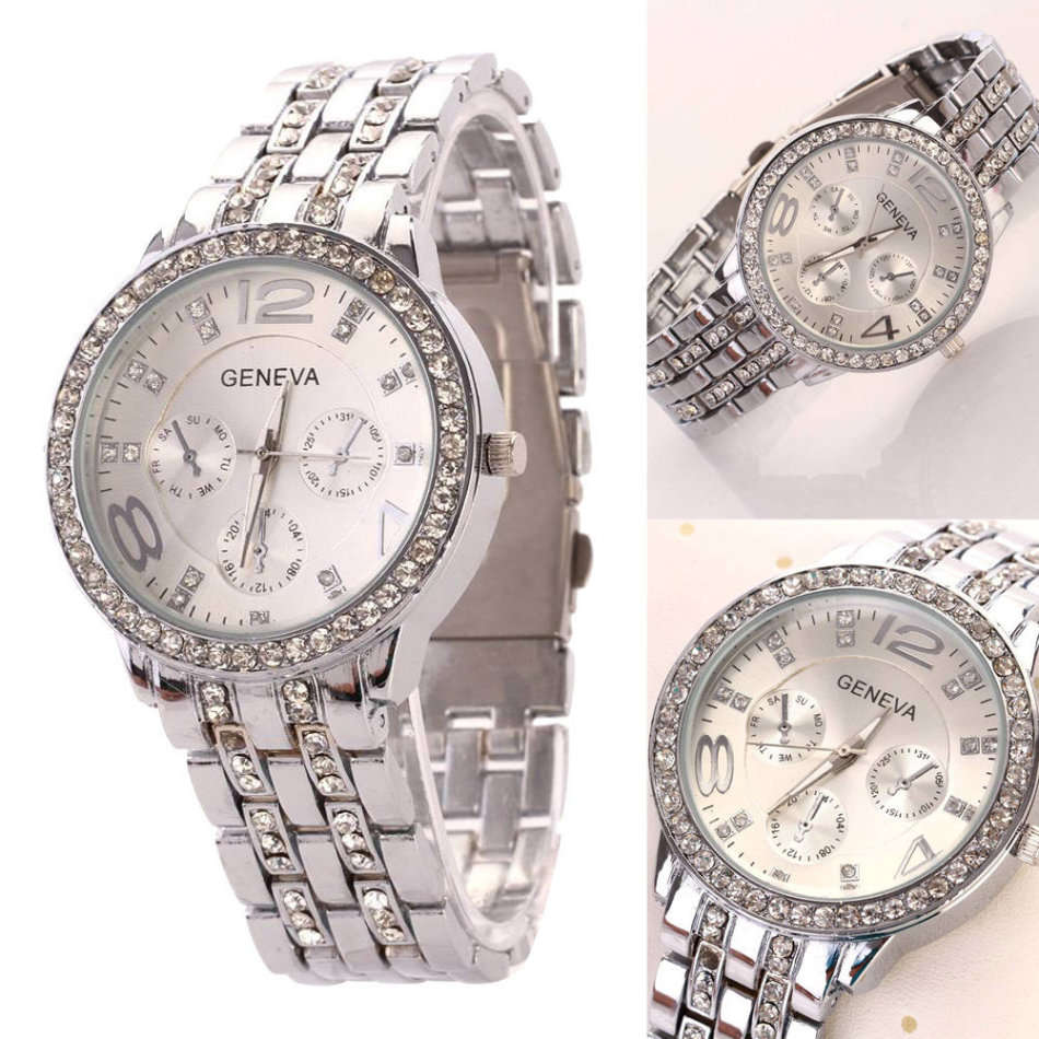 Elegant Ladies Geneva Crystal Quartz Wrist Watch in Gold or Silver