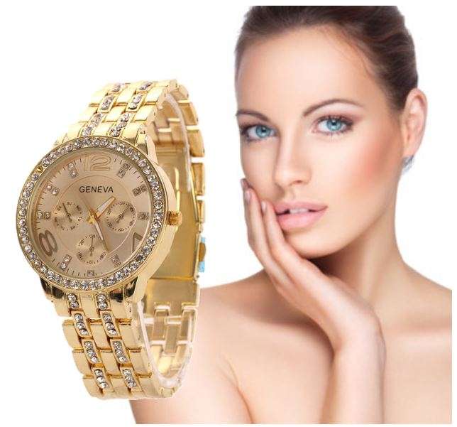 Elegant Ladies Geneva Crystal Quartz Wrist Watch in Gold or Silver