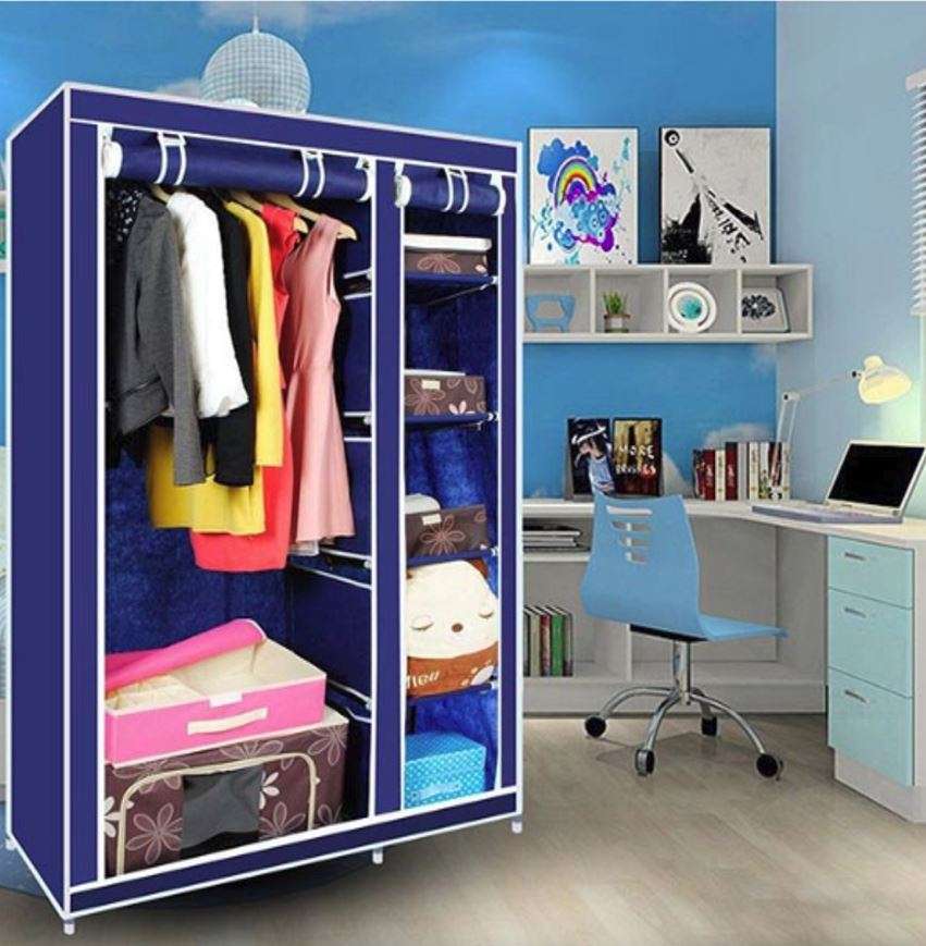 Double Portable & Foldable Canvas Wardrobe With Shelves - Great Storage Unit for Any Place