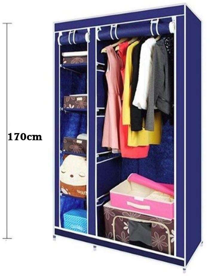 Double Portable & Foldable Canvas Wardrobe With Shelves - Great Storage Unit for Any Place