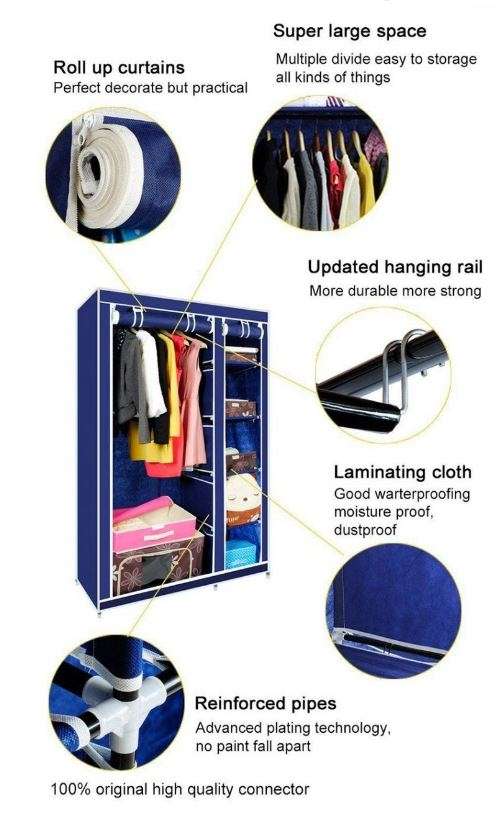 Double Portable & Foldable Canvas Wardrobe With Shelves - Great Storage Unit for Any Place