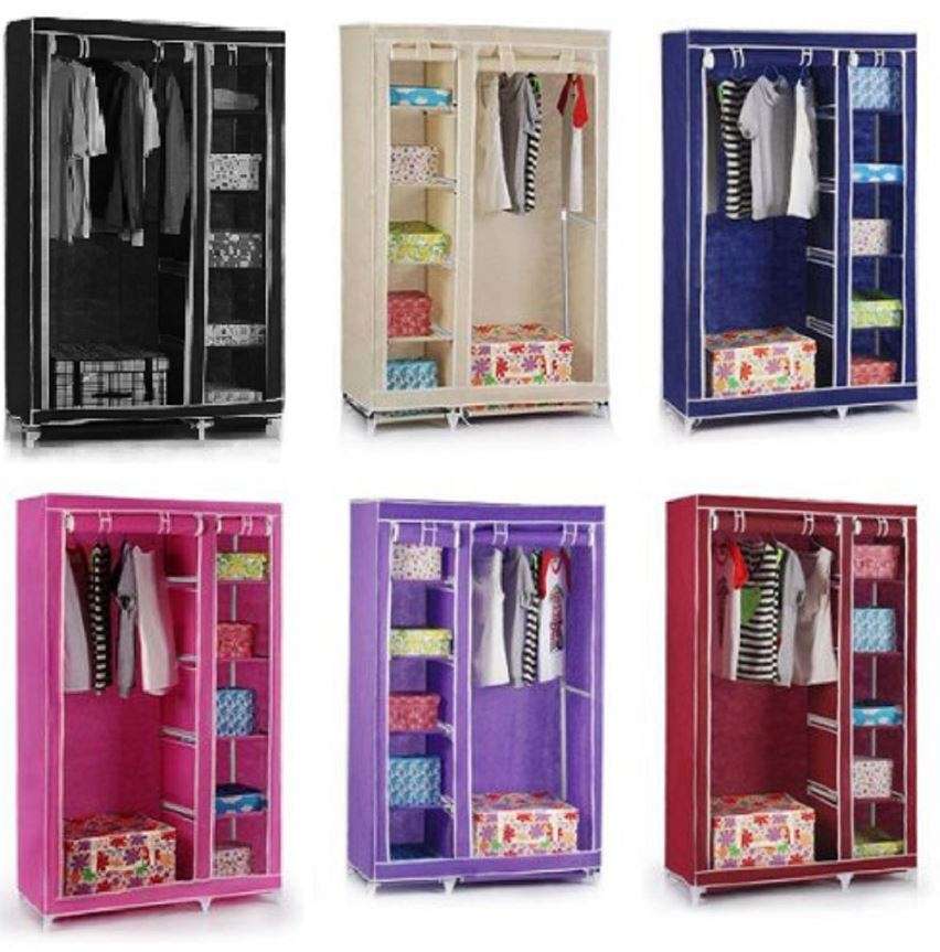 Double Portable & Foldable Canvas Wardrobe With Shelves - Great Storage Unit for Any Place
