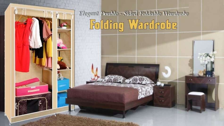 Double Portable & Foldable Canvas Wardrobe With Shelves - Great Storage Unit for Any Place