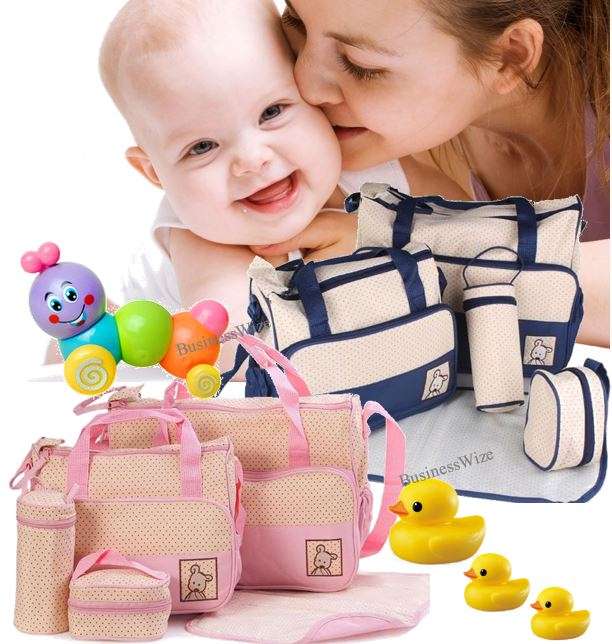 5 in 1 Baby Bag Set Made of Waterproof Microfiber Material - Lots of Space For All Your Baby's Needs