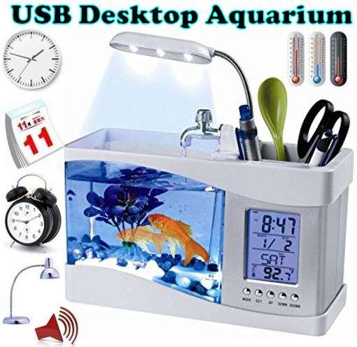 USB Desktop Aquarium, Water Recirculates to provide Oxygen, LED Light, LCD Display,Stationary Holder