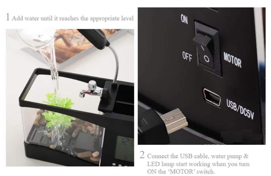 USB Desktop Aquarium, Water Recirculates to provide Oxygen, LED Light, LCD Display,Stationary Holder