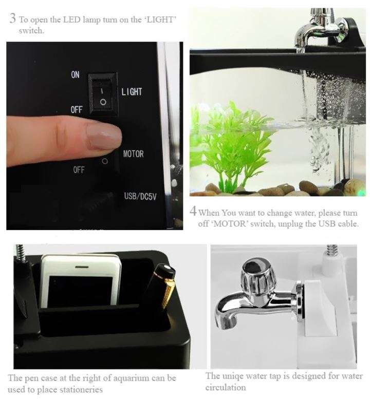 USB Desktop Aquarium, Water Recirculates to provide Oxygen, LED Light, LCD Display,Stationary Holder
