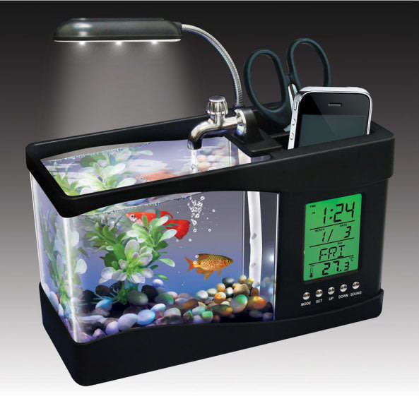 USB Desktop Aquarium, Water Recirculates to provide Oxygen, LED Light, LCD Display,Stationary Holder