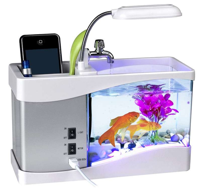 USB Desktop Aquarium, Water Recirculates to provide Oxygen, LED Light, LCD Display,Stationary Holder