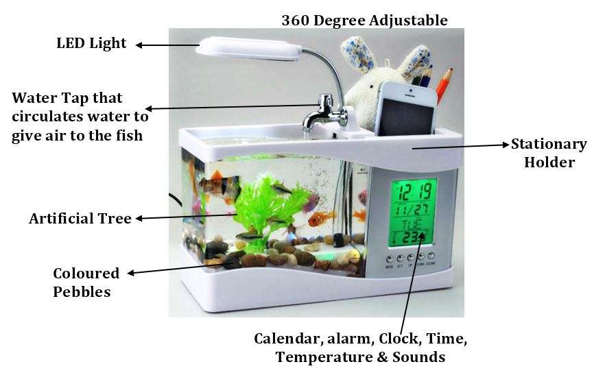 USB Desktop Aquarium, Water Recirculates to provide Oxygen, LED Light, LCD Display,Stationary Holder