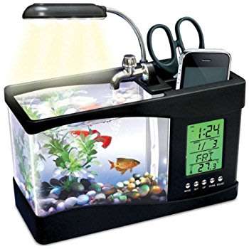 USB Desktop Aquarium, Water Recirculates to provide Oxygen, LED Light, LCD Display,Stationary Holder