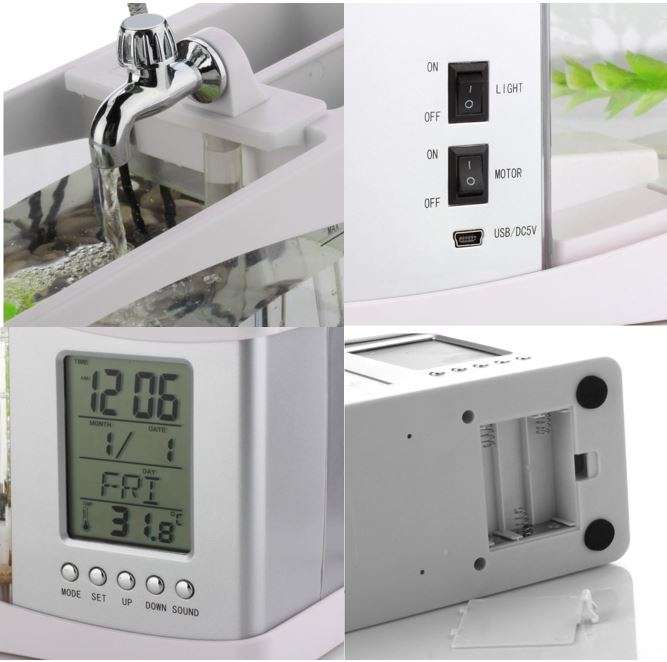 USB Desktop Aquarium, Water Recirculates to provide Oxygen, LED Light, LCD Display,Stationary Holder