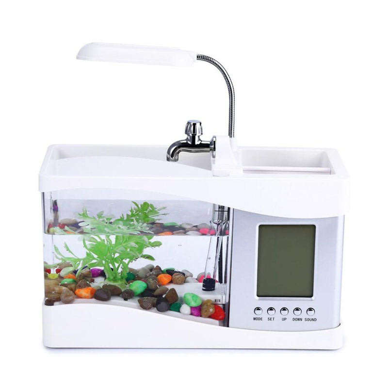 USB Desktop Aquarium, Water Recirculates to provide Oxygen, LED Light, LCD Display,Stationary Holder