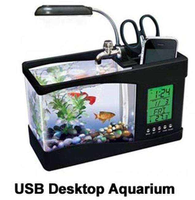 USB Desktop Aquarium, Water Recirculates to provide Oxygen, LED Light, LCD Display,Stationary Holder