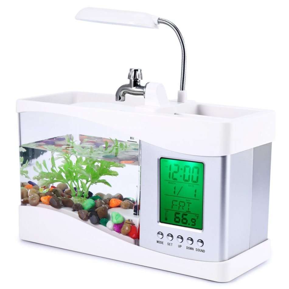 USB Desktop Aquarium, Water Recirculates to provide Oxygen, LED Light, LCD Display,Stationary Holder