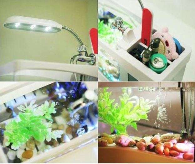USB Desktop Aquarium, Water Recirculates to provide Oxygen, LED Light, LCD Display,Stationary Holder