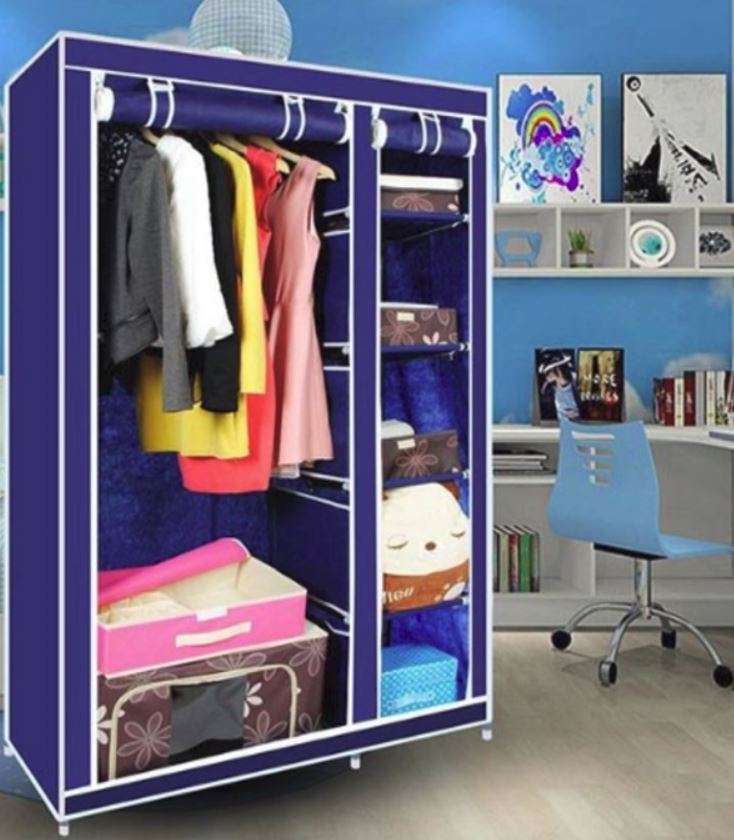 Double Portable & Foldable Canvas Wardrobe With Shelves - Great Storage Unit for Any Place