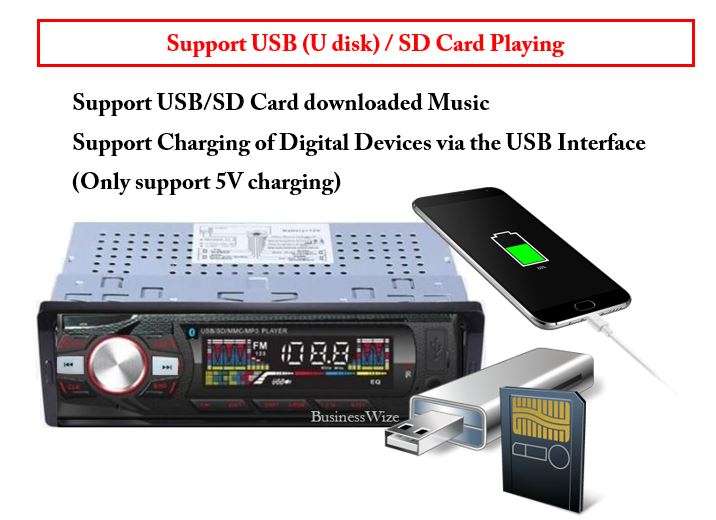 LED Bluetooth MP3 Car Radio & Remote - Supports USB, SD Card, Hands-free Calls, AUX, 5V Charging...