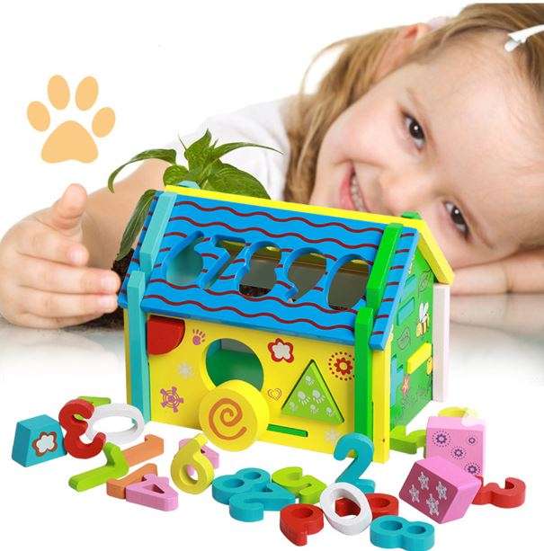 Multi-Functional Intelligent Wooden House Blocks Play Set for Kids - Shapes, Number, Colours...