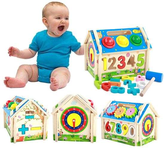 Multi-Functional Intelligent Wooden House Blocks Play Set for Kids - Shapes, Number, Colours...
