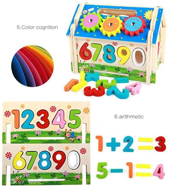 Multi-Functional Intelligent Wooden House Blocks Play Set for Kids - Shapes, Number, Colours...