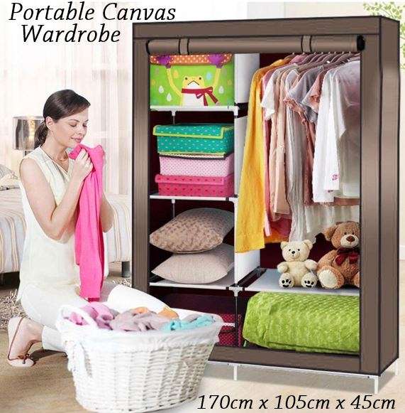 Double Portable & Foldable Canvas Wardrobe With Shelves - Great Storage Unit for Any Place