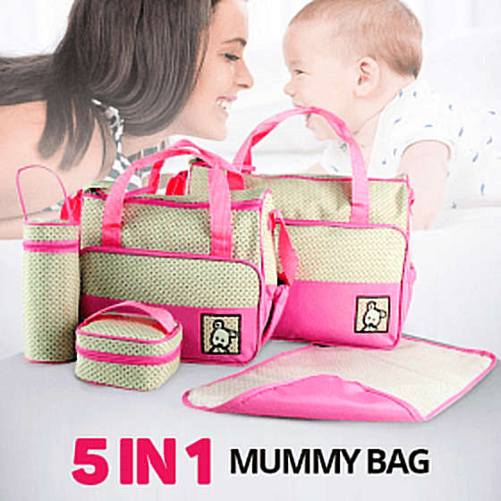 5 in 1 Baby Bag Set Made of Waterproof Microfiber Material - Lots of Space For All Your Baby's Needs