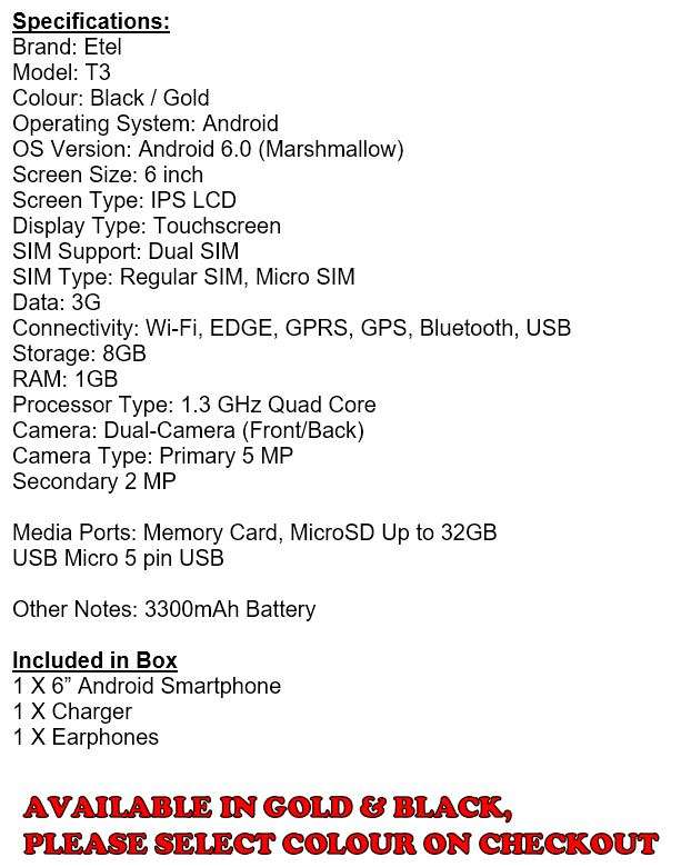 6" Android 6.0 Quadcore Smartphone, 8GB, Dual Sim, Dual Camera, 3300mAh Battery, GPS etc.