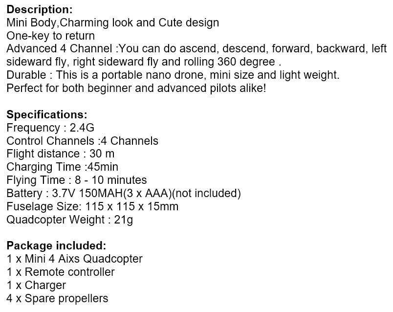 Mini 4 Axis Remote Control Drone - Altitude hold, automatic return 360 degrees, Flash Lights etc.