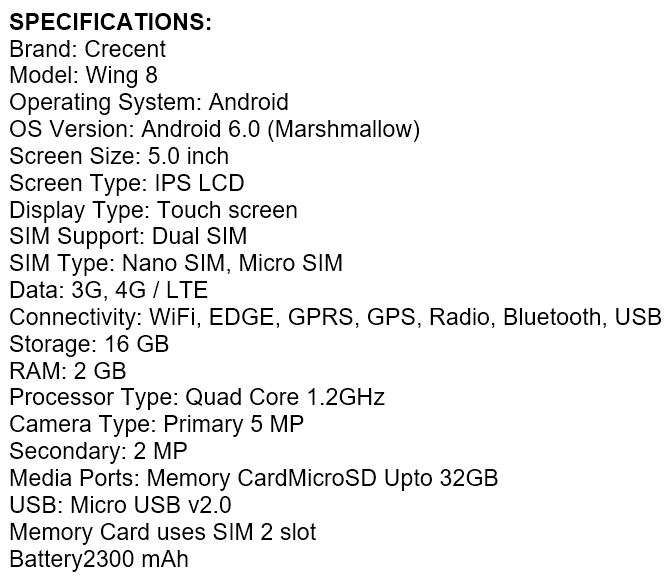 5" Android 6.0 Quadcore Smartphone - 16GB, 2GB Ram, 4G, Dual Sim, Dual Camera, IPS LCD Touch screen