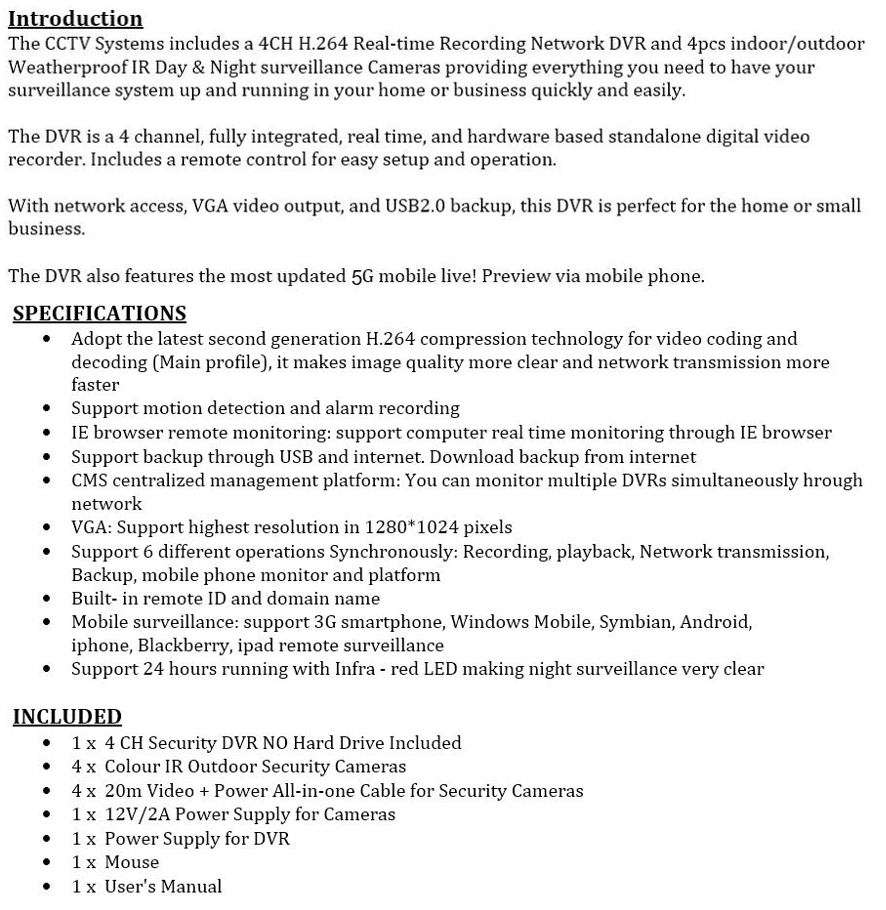 4 Channel CCTV Security Kit With Internet & 5G Phone Viewing, Day & Night Surveillance...