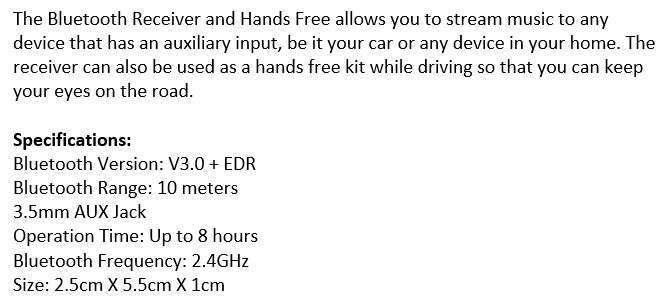 Bluetooth Hands Free Receiver -Stream Music to Any Device With an Auxiliary Input or Hand Free Calls