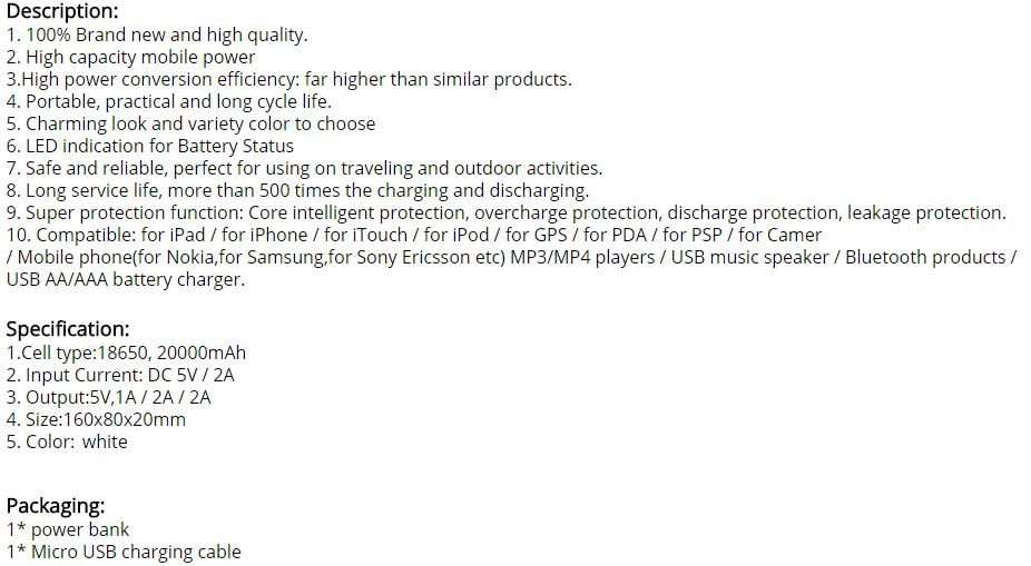 20 000mAh 3 USB Power Bank for Charging of Electronic Devices, LED Digital Screen & Flashlight