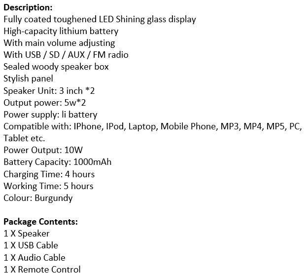 Bluetooth Multimedia FM Radio With Sub-woofer Speaker USB, SD, AUX Ports - LED Shining Glass Display