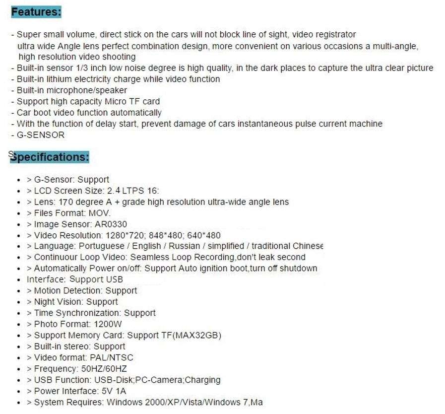 2.7" HD DVR Camera & Cam Recorder For Vehichle, Motion Detection, G-Sensor, Night Vision