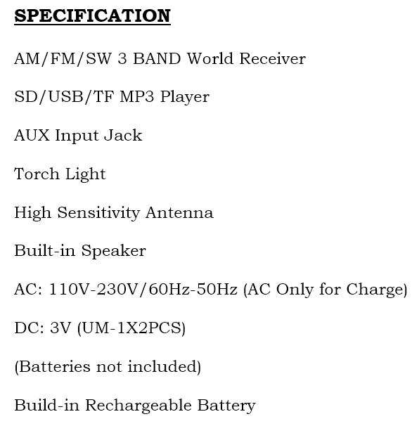 SD/USB/TF MP3 Player - AM/FM Radio, Build in X-Bass Speaker, Flash Light & Rechargeable Battery