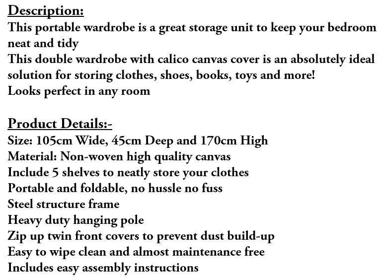 Double Portable & Foldable Canvas Wardrobe With Shelves - Great Storage Unit for Any Place