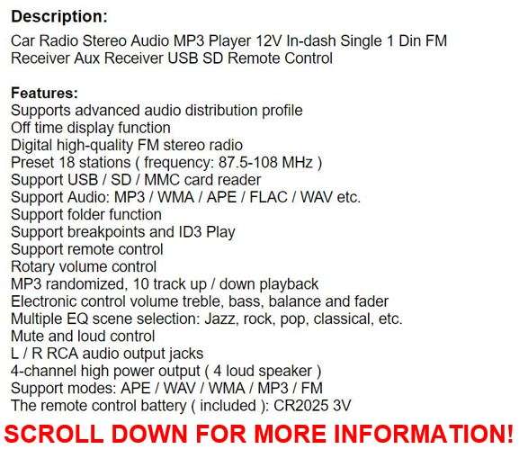 LED Car Radio & Remote - MP 3, FM Stereo, Supports USB, SD Card, AUX, 5V Charging, etc.