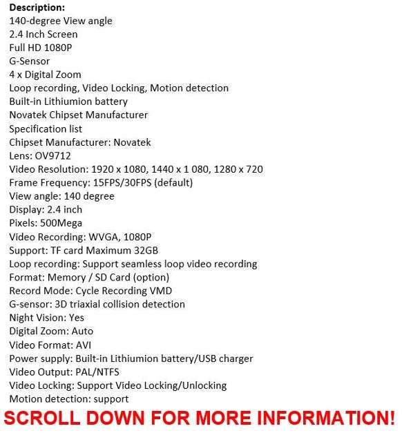 2.4" 1080P Full HD Camera & Vehicle Video Camera, Motion Detection, G-Sensor, Night Vision etc...