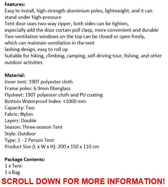 2 Man Tent in Zipper Bag - Lightweight & Easy to Install (200 X 150 X 110 cm)