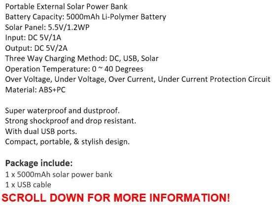 SOLAR Powerbank 5000mAh with 2 USB Ports for Charging of Electronic Devices, Phones & Lights