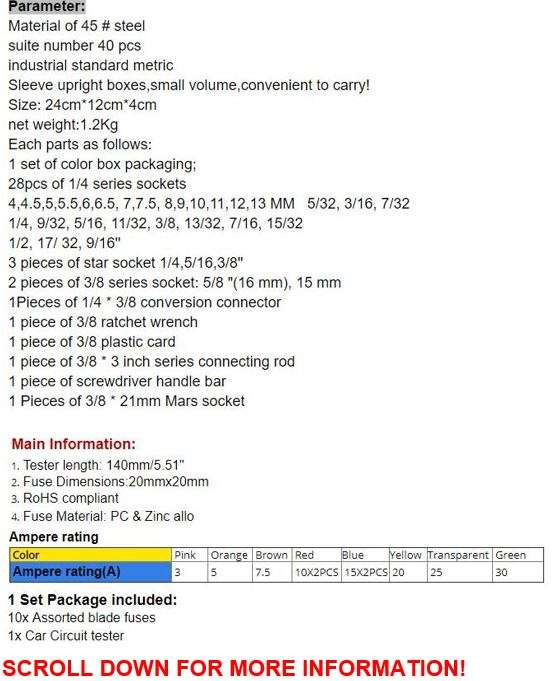 COMBO DEAL - 40 Piece Combination Socket Wrench Set PLUS 10 Piece Blade Fuses AND Tester Set