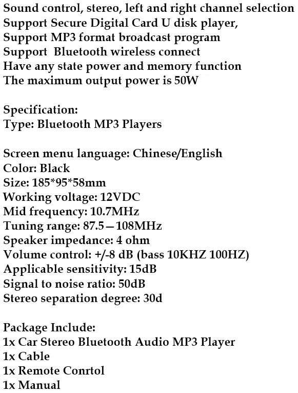 LED Bluetooth MP3 Car Radio & Remote - Supports USB, SD Card, Hands-free Calls, AUX, 5V Charging...