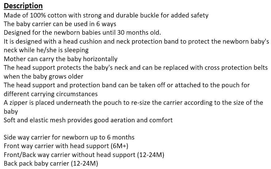 6 in 1 Baby Carrier - Designed for Newborn Babies Up Until 24 Months Old