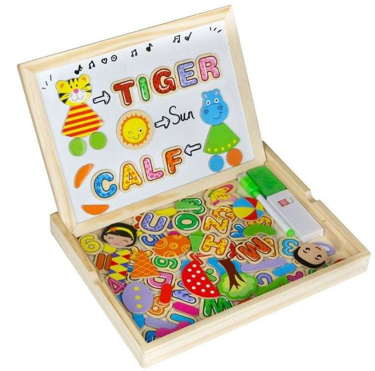 Alphabet Letter & Animal Magnetic Whiteboard & Chalkboard Set In a Wooden Box